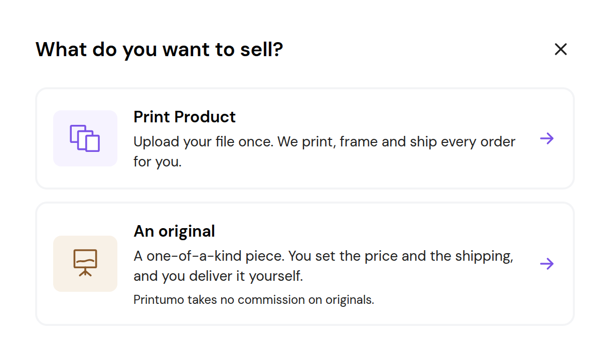 The Add product window with the choices Print Product and An original