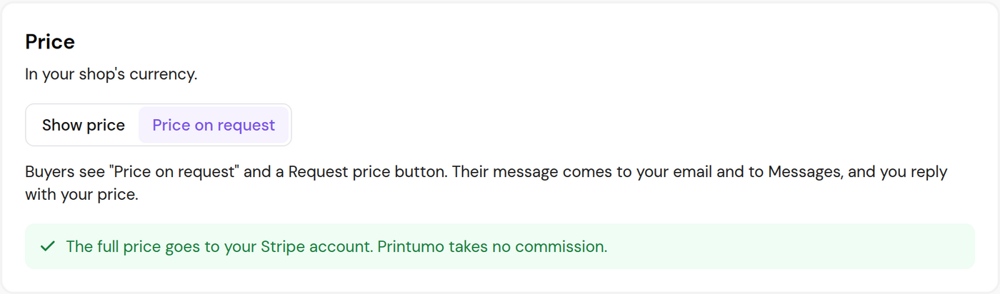 The Price section with Price on request selected