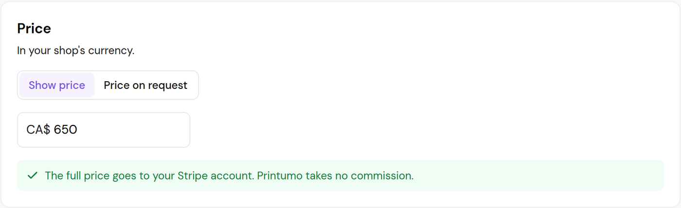 The Price section with Show price selected and a price of 650