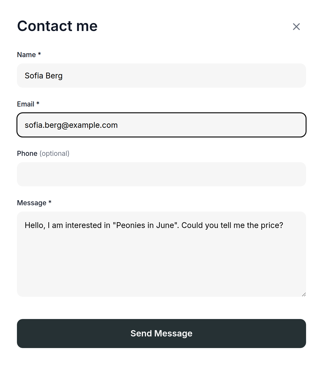 The contact form with the question about the price already filled in