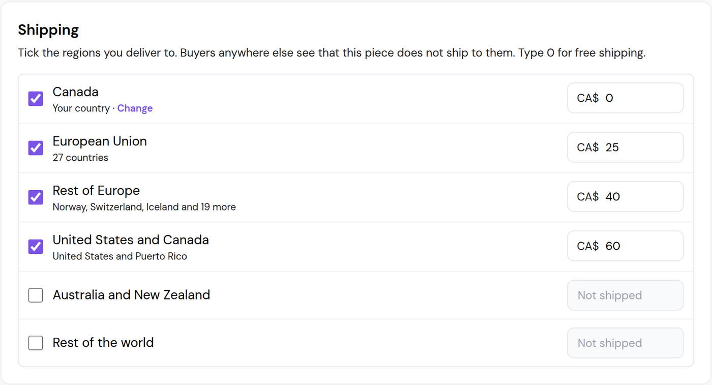 The Shipping section with four regions ticked and a price for each