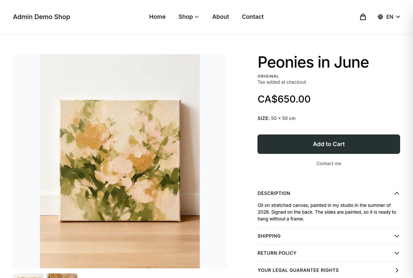 An original for sale in a Printumo Shop, with its price and an Add to Cart button